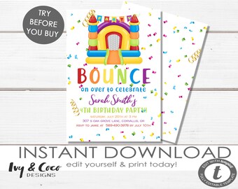 Bounce House Birthday Invitation, Bounce Party Invite, Jumping Birthday, Jump Party, Printable, Editable Template, Instant Download, c110