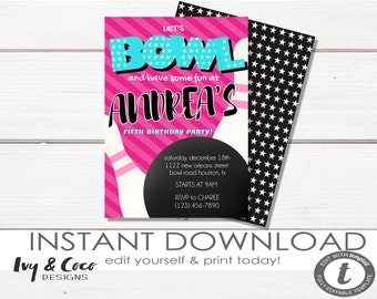 Girl Bowling Party Invitation Instant Download, Bowling Invitation, INSTANT DOWNLOAD, Bowling, Bowling Birthday Party Invitations, for girl