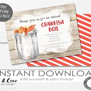 Annual Crawfish Boil Invitation Template, Editable Crawfish boil, Any Occasion, Shower, Birthday, Neighborhood, Template, c184