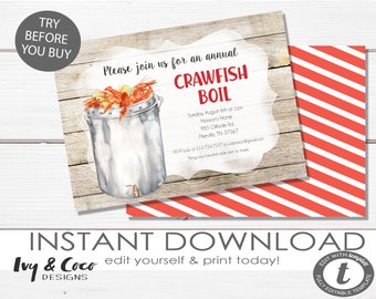 Puede incluir: Una invitación imprimible para un hervido de cangrejo de río. La invitación presenta una ilustración de acuarela de una olla de cangrejo de río con el texto "Please join us for an annual Crawfish Boil" en rojo y negro. La invitación también incluye la fecha, la hora, la ubicación y la información de RSVP.