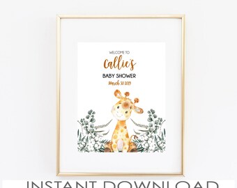May include: A printable baby shower invitation featuring a cute cartoon giraffe with a floral background. The text reads "Welcome to Callie's Baby Shower March 30 2019".