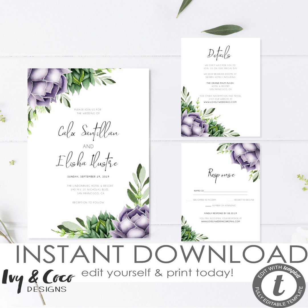 Succulent Wedding Invitation Template Watercolor Succulent - Etsy
