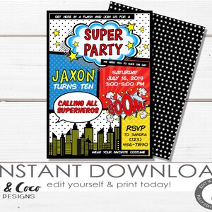 Superhero invitation Instant Download, Boy Superhero birthday party invitation template, Templett _c035