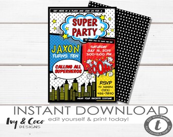 Superhero invitation Instant Download, Boy Superhero birthday party invitation template, Templett _c035