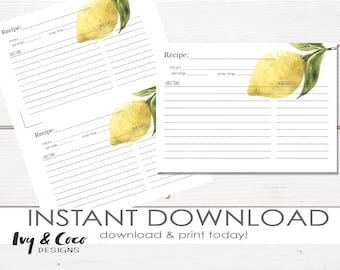 Zitrone Rezept Karte, printable, Zitrone, Rezept Karte, INSTANT DOWNLOAD DIY, Instant Download c080