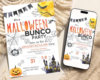 May include: A Halloween Bunco Party invitation and a smartphone displaying the same design. The invitation features a watercolor design with a spider web, jack-o'-lantern, bats, and dice. The text reads "It's a Halloween Bunco Party".