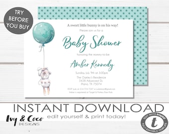 Bunny Baby Shower Invitation template, DIY, Baby Boy Shower Invitation, Instant Download, Editable, Digital Invitation, c076