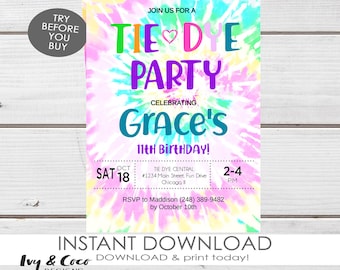 Tie Dye Invitation, Tie Dye birthday invitations, tie dye party invite, VSCO girl invitation, c236