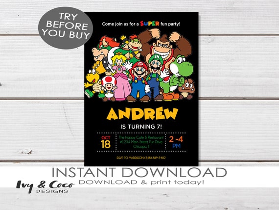 Super Mario Invitation Instant Download Super Mario Printable | Etsy