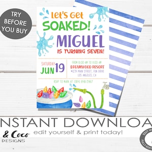 Splish Splash birthday invitation, Summer water balloons party invitation, Instant download pool party, Template c105