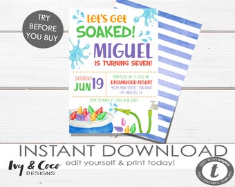 Water fun invitation, Summrer water birthday party Invitation, water balloons party invitation, Instant download pool party, Template c105