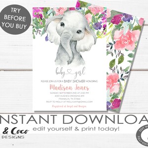 Elephant Girl Baby Shower Invitation Instant Download, Girl Baby Shower Invitation, Instant Download, Editable, Digital Invitation, c219