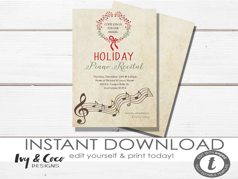 Holiday Piano Recital Invitation Download Instant Download Etsy
