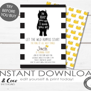 Where the Wild Thins Are Birthday Invitation Instant Download, Editable Wild One, Wild Rumpus Instant Download, Template, c181
