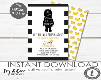 May include: A printable invitation for a birthday party featuring a black and white illustration of the character from the book Where the Wild Things Are. The invitation has a black and white striped background and the text "Let the Wild Rumpus Start, The King of All Wild Things, Jack is turning four!" The invitation also includes details about the party, including the date, time, and location.