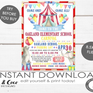 Carnival Party Flyer, Printable PTA PTO Flyer, School Church Benefit Fundraiser Event Poster Digital Cinema Party Printable Invitation c097