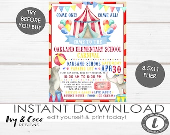 May include: A colorful printable flyer for an Oakland Elementary School Carnival. The flyer features a red and white striped tent, a seal balancing a beach ball, and an elephant. The carnival is on Saturday, April 30th from 10:00 AM to 6:00 PM at the Oakland School Parking Lot. The flyer also includes information about raffles, games, live music, bounce houses, food, and ice cream.