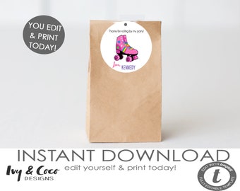 May include: A printable favor tag with a pink roller skate with rainbow accents. The tag says "Thanks for rolling by my party! Love, Kennedy".
