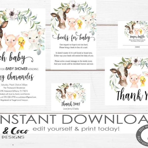 Conjunto de invitaciones para baby shower de animales de granja, libro de invitaciones para bebé, sorteo de pañales, agradecimiento, descarga instantánea, conjunto de invitaciones digitales, c150