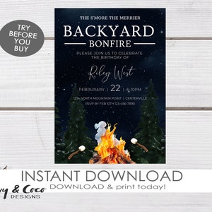 May include: A printable invitation for a backyard bonfire party. The invitation features a starry night sky with a campfire and two marshmallows on sticks. The text reads "The S'more the Merrier, Backyard Bonfire, Please join us to celebrate the birthday of Riley Wist, February 22, 6:10 PM, 1234 North Mountain Point, Centerville, RSVP by Feb 10th 123-456-7890".