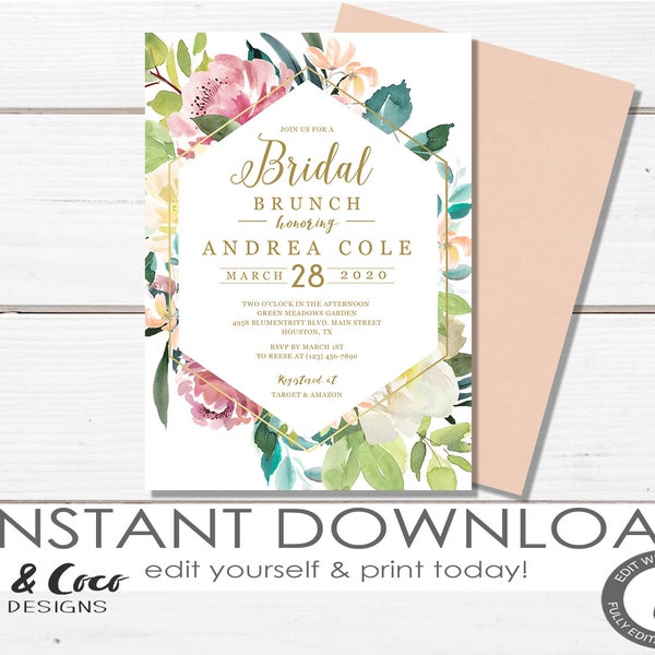 Bloemen gouden bruidsbrunch uitnodiging direct downloaden, bruiloft uitnodigingen, bruiloft afdrukbare, DIY Instant Download c057