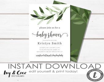 greenery baby shower invitation instant download, natural simple baby shower Invitation template, Editable, Digital Invitation _c011