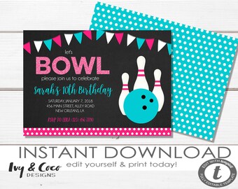 Bowling Party Invitation, Bowling Invitation, Bowling Party, INSTANT DOWNLOAD, Bowling, Bowling Birthday Party Invitations, for girl