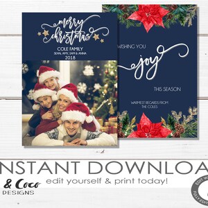 Merry Christmas Photo Card, Blue christmas card, digital download, printable, template