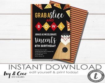 Pizza and Bowling Invitation Instant Download, Bowling Birthday Party Invitation, Bowling Party