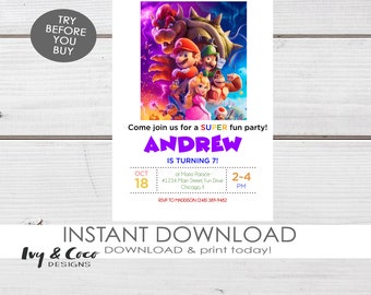Super Mario Invitation, Printable Invitation, Super Mario Instant Download, Mario Digital File, Luigi, Bowser, Mario | Template, c255