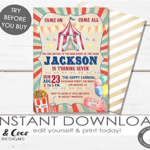 Editable Carnival Birthday Invitation, Birthday Invitation, Circus Birthday Invitation, Instant _c096