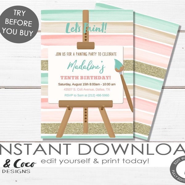 Art Party Invitation Instant Download, Art Birthday Party, Painting Party, Digital File, DIY, Templett c106