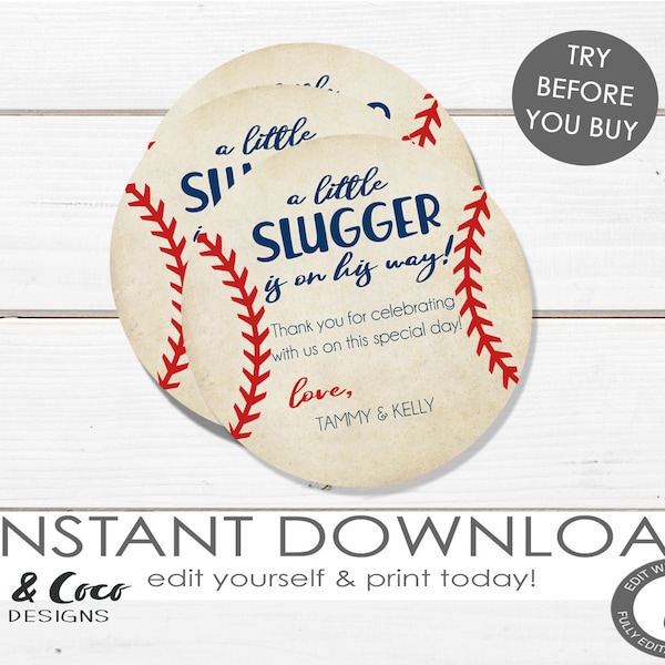 A little slugger is on the way baby shower tag, Baseball Baby Shower, Spring, Thank You Tags, Treat Tag, 1332