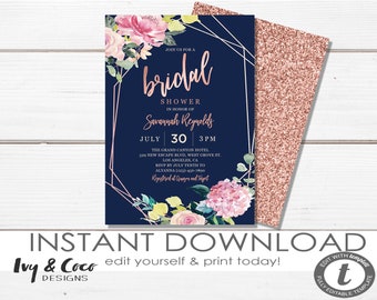 Navy Rose Gold Bridal Shower Invitation, Wedding Shower Invitations, Wedding Printable, DIY Instant Download 205