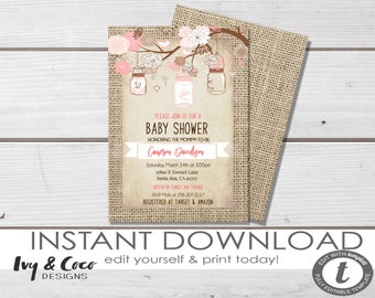 Burlap Rustic Girl Baby Shower Invitation, Baby Girl Shower Invitation, Instant Download, Editable, Digital Invitation _53