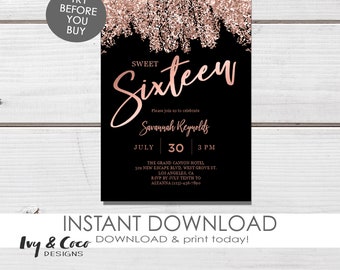 Sweet 16 Invitation, Sweet sixteen invitations, Sweet 16 birthday invitations, Sweet 16 invite, Sweet 16 party, Editable Template, c231