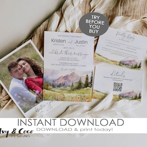 May include: Wedding invitation suite with a watercolor mountain landscape design. The invitation features the names Kristen and Justin, the date Sunday, May 1st 20xx, and the time 6 o'clock in the evening. The RSVP card includes a QR code.
