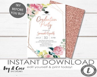 Graduation Party Invitation Instant Download Template, Rose Gold Floral Graduation Party Invite, DIY Instant Download DIY Templett, c125