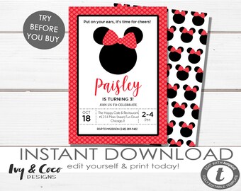 Invitación roja de Minnie Mouse, invitación de Minnie, invitación de cumpleaños de Minnie, invitaciones para niñas, invitación de Minnie, c201