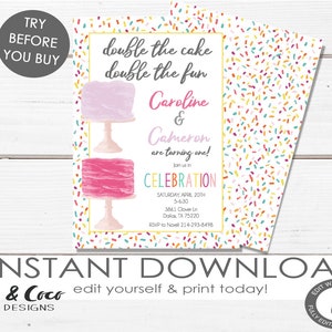 Twin Girl Birthday Invitation, Double The Fun Birthday Party Invitation, Printable, Digital File, Instant Download, Templett, c154