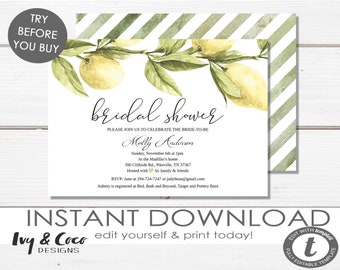 Lemon Bridal Shower Invitation Template, Summer Wedding Shower Invitations, DIY, Instant Download c087