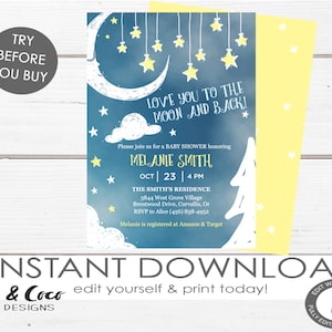 Love you to the Moon and Back Invitation Printable, Moon Baby Shower Invitation, Instant Download, Digital Invitation, 1327