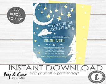 Love you to the Moon and Back Invitation Printable, Moon Baby Shower Invitation, Instant Download, Digital Invitation, 1327