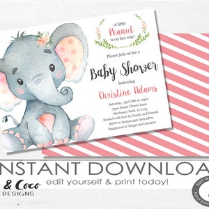 Elephant Baby Shower Invitation Instant Download, Girl Baby Shower Invitation, Editable, Digital Invitation _c026