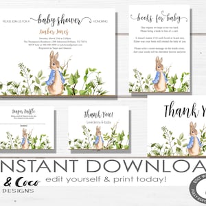 Peter Rabbit Baby Shower Invitation Set, Invitation Book for baby, diaper raffle, thank you, Instant Download, Digital Invitation set, c234