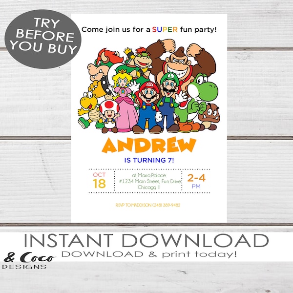 Super Mario Invitation, Printable Invitation, Super Mario Instant Download, Mario Digital File, Luigi, Yoshi, Mario | Template, c228