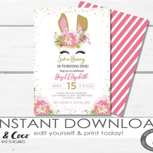 Some bunny Birthday invite template, bunny girls birthday, 1st birthday, floral invitation, Instant Download, c073