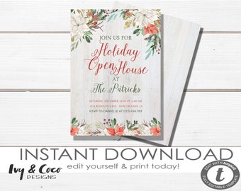 Holiday Open House, Christmas Open House Invitation Instant Download, Editable template, Rustic Holiday Party Invite, Templett