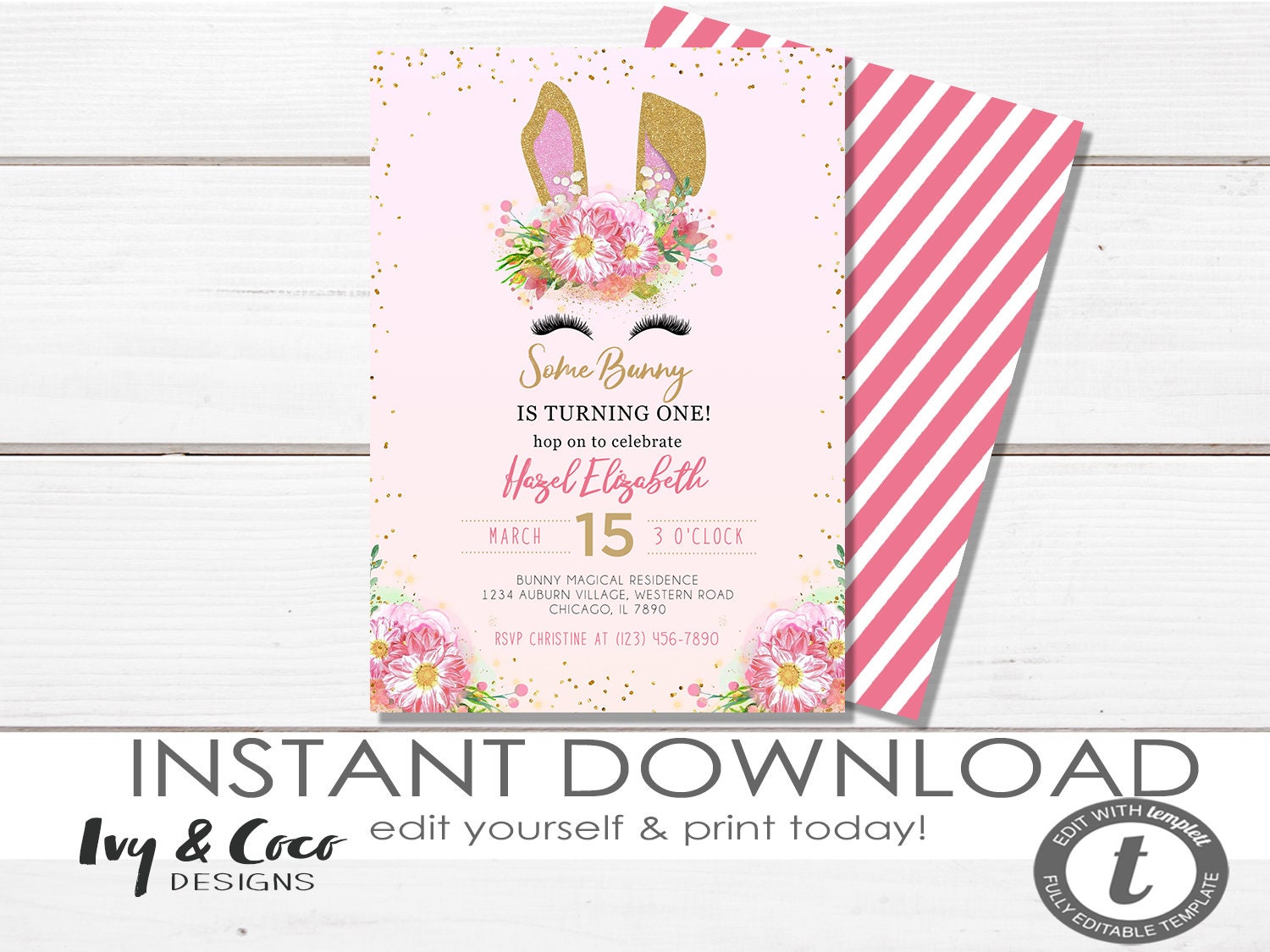 Some bunny Birthday invite template bunny girls birthday c072 Instant Download 1st birthday floral invitation