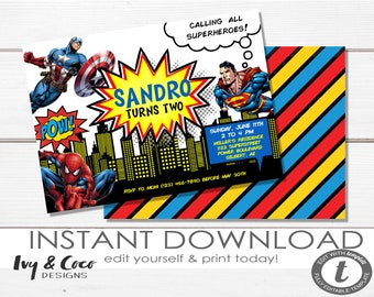 Superhero Birthday Party invitation Instant Download, Superhero boy birthday party invitation template, Templett _c034